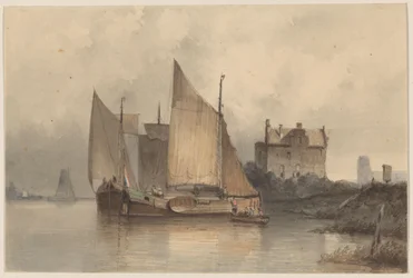 Vue de rivière avec un voilier