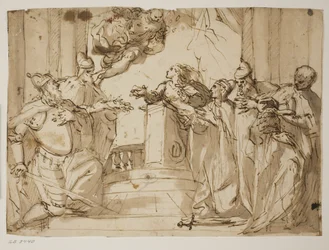 Quatre doges et un homme en manteau avec le bonnet du doge dans ses mains, avec l