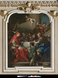 Saint Grégoire le Grand à une table avec Jésus déguisé en pèlerin, près du Pape, la colombe du Saint-Esprit, 1729-1731