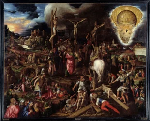 Scènes de la Passion : prière au jardin des oliviers, trahison de Judas, arrestation du Christ, Christ bafoué, montée au Calvaire, crucifixion, résurrection...