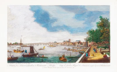 Vue des jardins de Somerset vers le pont de Westminster, gravée par John Miller, 1750