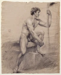 Étude de nu masculin assis sur un podium