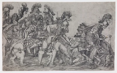 Huit cavaliers traversant une rivière