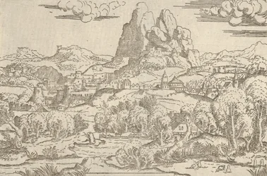 Paysage du cadre de Vénus poussant Cupidon, 1540-45