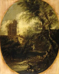 Paysage avec ermite, vers 1690-1724 (huile sur toile)