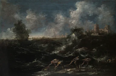 Paysage marin avec pêcheur tirant des filets