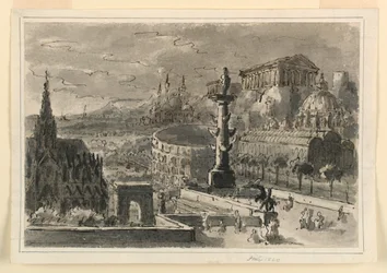 Décor de scène, agglomération de divers bâtiments