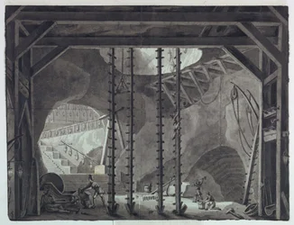 Décor de scène, hommes construisant un bâtiment dans une grotte