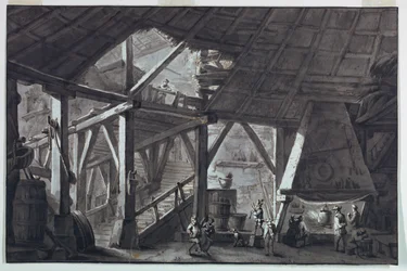 Décor de scène, intérieur de ferme en ruine
