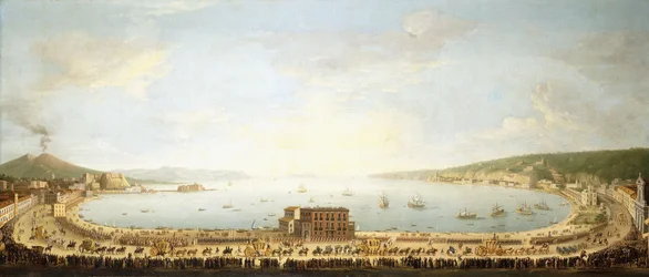 Vue panoramique de la baie de Naples, avec la procession royale à Piedigrotta