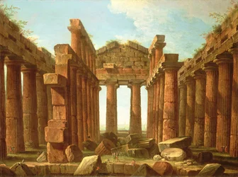 Figures admirant le temple de Neptune à Paestum