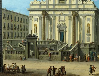 Place San Gaetano avec la basilique de San Paolo Maggiore à Naples (détail)