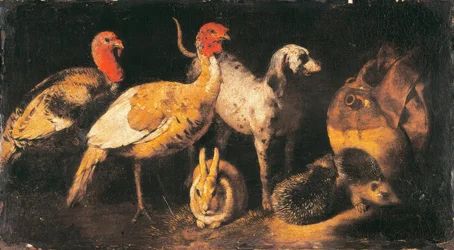 Dindes, chien, lièvre et hérisson