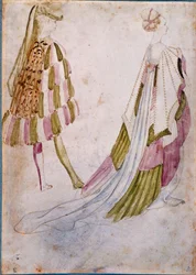 Un homme et une femme en habits de cour. Aquarelle, plume et lavis par Antonio di Puccio Pisano dit Pisanello (avant 1395-1455) 1450. Chantilly, Musée Condé