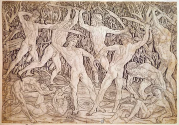 Des hommes nus combattent. Gravé par Antonio Pollaiuolo (Pollaiolo) (1432-1498)