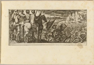 Scène de bataille avec cavalerie observant depuis une colline
