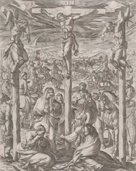 Le Christ crucifié entre les deux voleurs, les trois Marie au pied de la croix