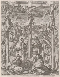 Le Christ crucifié entre les deux larrons, les trois Marie au pied de la croix