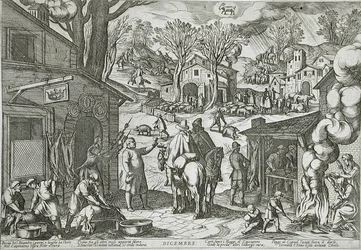 Décembre : scène de village avec auberge