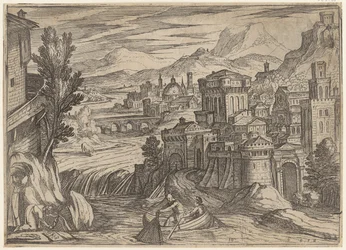 Paysage fluvial avec une ville à droite et un bateau de pêche au premier plan