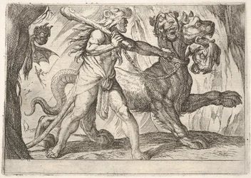 Hercule et Cerbère : Hercule saisit le collier de Cerbère, deux démons apparaissent à gauche..., 1608