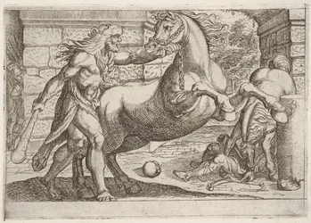 Hercule et les juments de Diomède : Hercule saisit la bride d