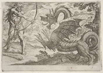 Hercule et le serpent Ladon : Hercule bande son arc, le serpent dressé apparaît en proie, 1608