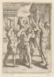 Le martyre de trois saints attachés dos à dos
Tortures subies par les martyrs chrétiens (série)
Varia tormentorum et suppliciorum crudelium (série)