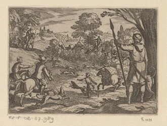 Chasse aux lapins avec des hommes chassant des lapins depuis les buissons (Primo libro di caccie varie)