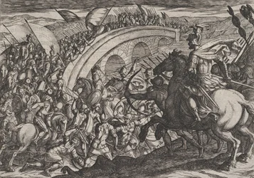 Troupes de Civilis traversant la rivière Maas, de La Guerre des Romains contre les ..., 1611