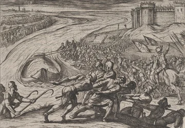 Planche 12 : Tirer un navire chargé de grain vers le rivage, de La guerre des Romains contre..., 1611