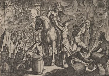 Planche 13: Attaque de la forteresse romaine la nuit, de La Guerre des Romains contre les Ba..., 1611