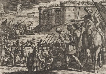 Planche 16: Captifs romains devant la vieille forteresse, de La Guerre des Romains contre les B..., 1611