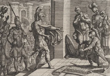 Planche 26 : Cerialis Pardonne et Soulage les Soldats Romains qui ont Aidé Civilis, de La Guerre..., 1611