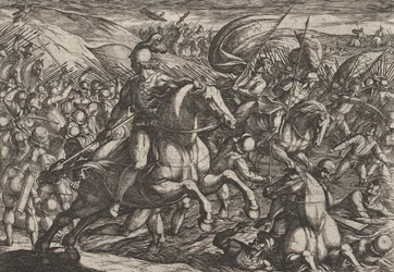 Planche 30 : Cerialis chassant les Hollandais dans le Rhin, de La Guerre des Romains contre les..., 1611