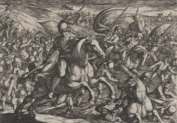 Planche 30 : Cerialis chassant les Hollandais dans le Rhin, de La Guerre des Romains contre..., 1611