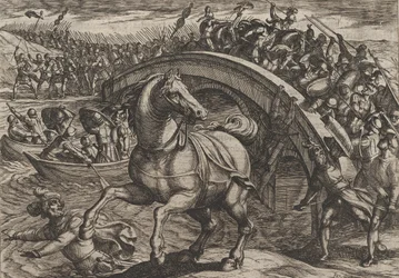 Plaque 31 : Civilis forcé de descendre de cheval et de traverser la rivière à la nage, de La Guerre des Romains