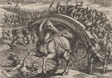 Planche 31 : Civilis forcé de descendre de cheval et de traverser la rivière à la nage, de La Guerre des Romains..., 1611