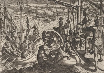 Planche 33 : Flottilles néerlandaises et romaines sur le Rhin, de La Guerre des Romains contre les B...
