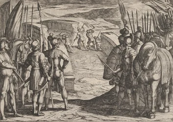 Planche 35 : Les Bataves prennent peur et commencent les pourparlers de paix, de La Guerre des Romains contre..., 1611