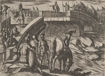 Planche 36: Civilis et Cerialis se rencontrent sur un pont brisé pour parvenir à un accord, de La Guerre des Bataves, 1611