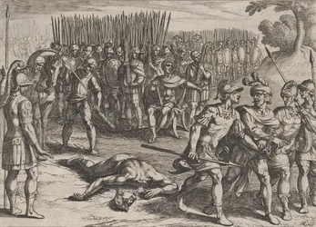 Planche 3 : Claudius Civilis arrêté et son frère Paulus décapité, de La Guerre des Ro..., 1611