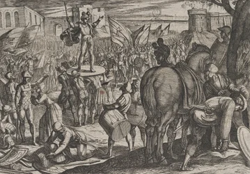 Planche 5 : Bruno nommé chef des Caninéfates, tirée de La Guerre des Romains contre les..., 1611.