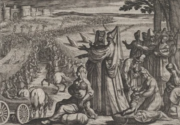 Planche 8 : Femmes et enfants observant Civilis combattant les Romains, de La Guerre des Romains