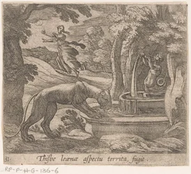 Thisbé fuit devant la lionne à la fontaine (Thisbe leaenae aspectu territa fugit) (Metamorphoseon sive transformationum) (Metamorfosen van Ovidius)