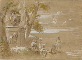 Un paysage avec des soldats assis et des pêcheurs