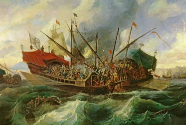 La bataille navale de Lépante entre la Sainte Ligue et les Turcs en 1571 (détail)