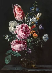 Un bouquet de narcisses, tulipe perroquet, roses et autres fleurs dans un vase en verre sur un socle en pierre, vers 1650