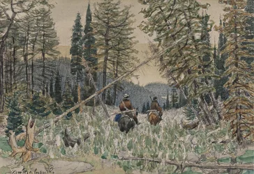Chasseurs à cheval dans une forêt de pins