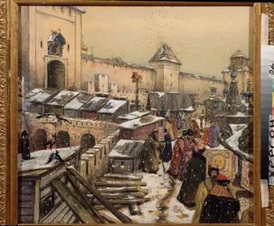 Moscou au 17e siècle, bouquinistes sur le pont du Christ Sauveur
